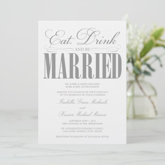 Pewter Eat, Drink & getrouwd zijn | bruiloft uitno Kaart (Staand voorkant)
