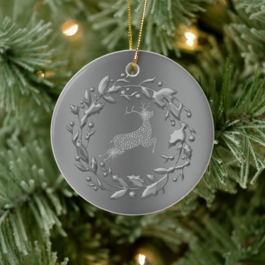 Pewter Reindeer en Wreater Kerstmis Keramisch Ornament (Boom)