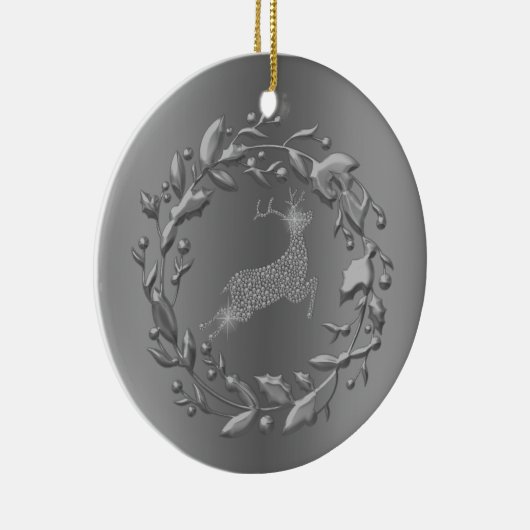 Pewter Reindeer en Wreater Kerstmis Keramisch Ornament (Rechts)