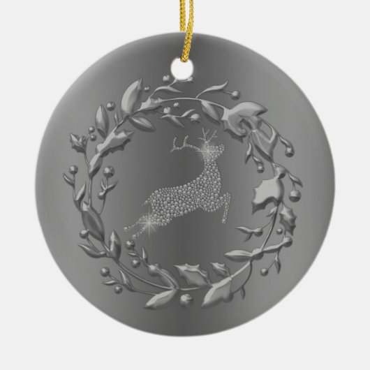 Pewter Reindeer en Wreater Kerstmis Keramisch Ornament (Voorkant)