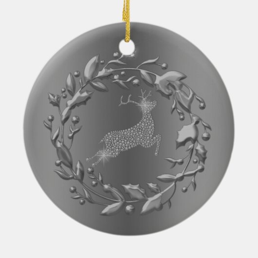 Pewter Reindeer en Wreater Kerstmis Keramisch Ornament (Achterkant)