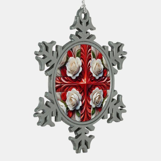 Pewter Snowflake Ornament met Engelse Rozen (Links)