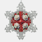 Pewter Snowflake Ornament met Engelse Rozen (Voorkant)