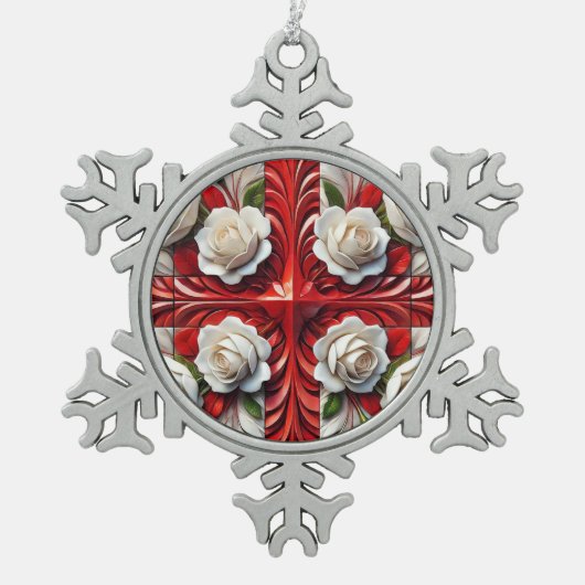 Pewter Snowflake Ornament met Engelse Rozen (Voorkant)