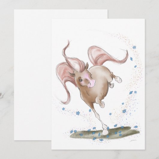 Pferde Karte, Pferde Illustration mit Blumen Feestdagenkaart (Voorkant / Achterkant)