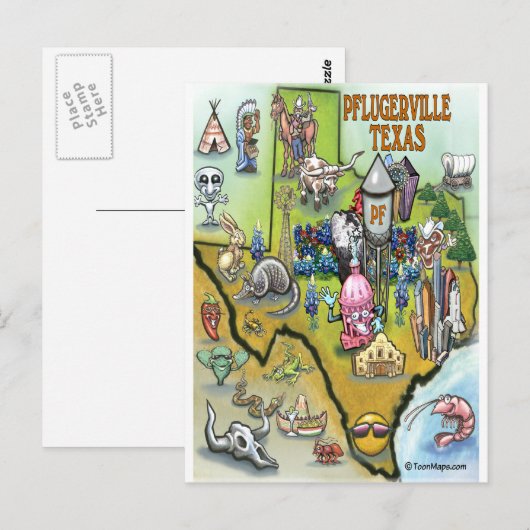 Pflugerville Texas Cartoon Map Briefkaart (Voorkant / Achterkant)