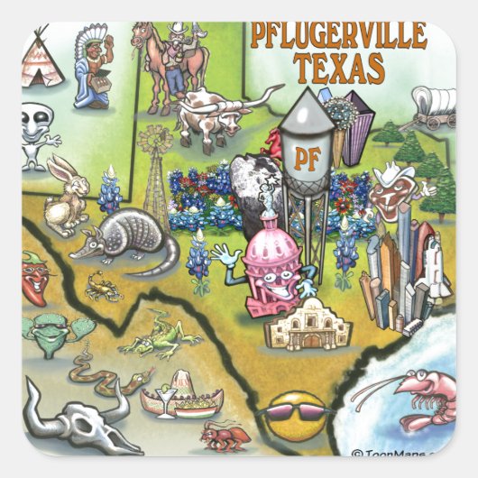 Pflugerville Texas Cartoon Map Vierkante Sticker (Voorkant)