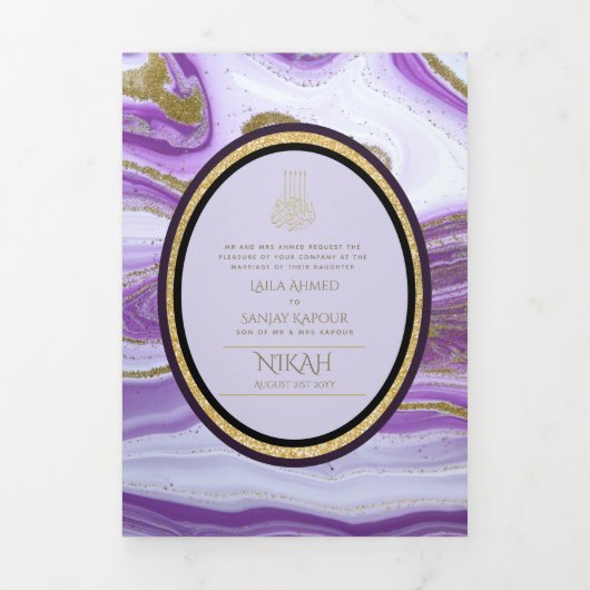 Pg NIKAH WALIMA Paars Gouden Marmer Agate Glitter  Drieluik Uitnodiging (Cover)