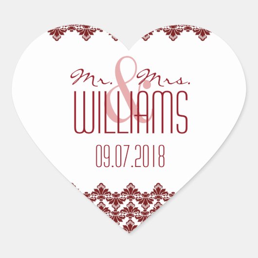 PH&D Wedding Heart Sticker Burgundy 2 Damask (Voorkant)