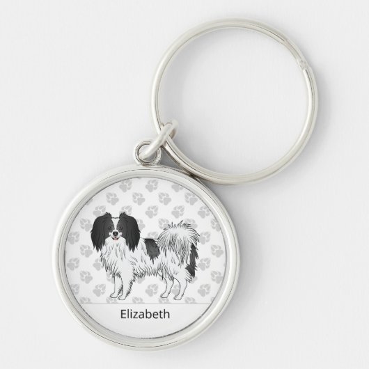 Phalène in zwart-wit met persoonlijke naam sleutelhanger (Voorkant)