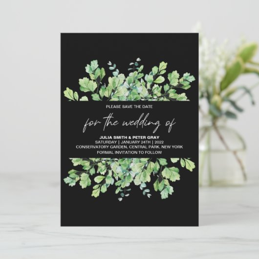 Phantom Black Leafy Save the Date Wedding Kaart (Staand voorkant)