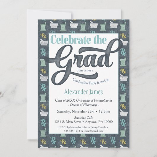 Pharmacist Graduation Party Invitation Gray Aqua Kaart (Voorkant)