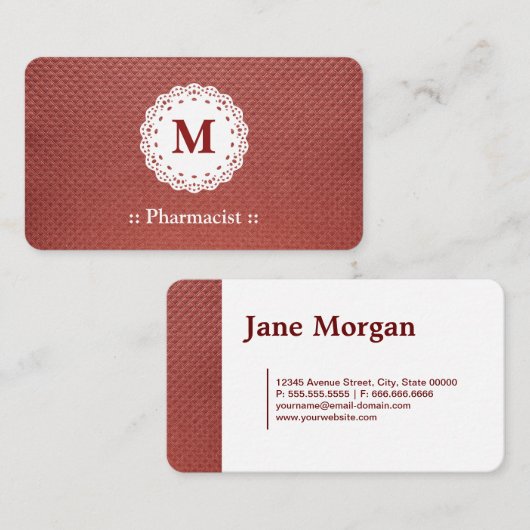 Pharmacist Lace Monogram Maroon Visitekaartje (Voorkant / Achterkant)