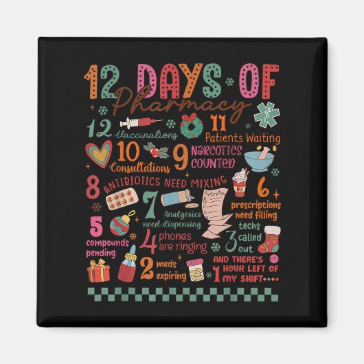 Pharmacy Christmas Shirt - 12 Days Of Pharmacy Tec Magneet (Voorkant)