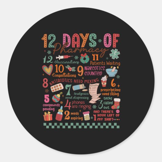 Pharmacy Christmas Shirt - 12 Days Of Pharmacy Tec Ronde Sticker (Voorkant)