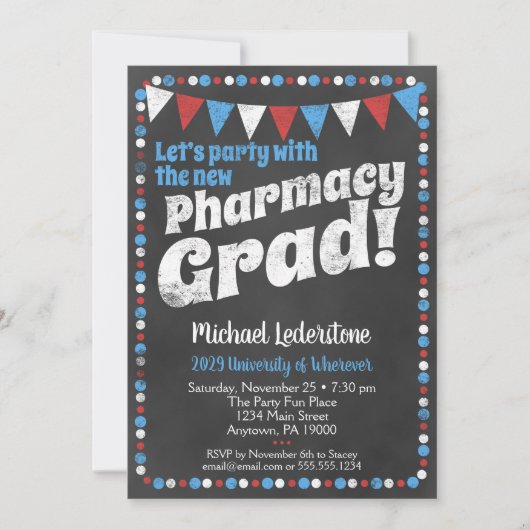 Pharmacy Graduation Party Invitation Red Blue Kaart (Voorkant)