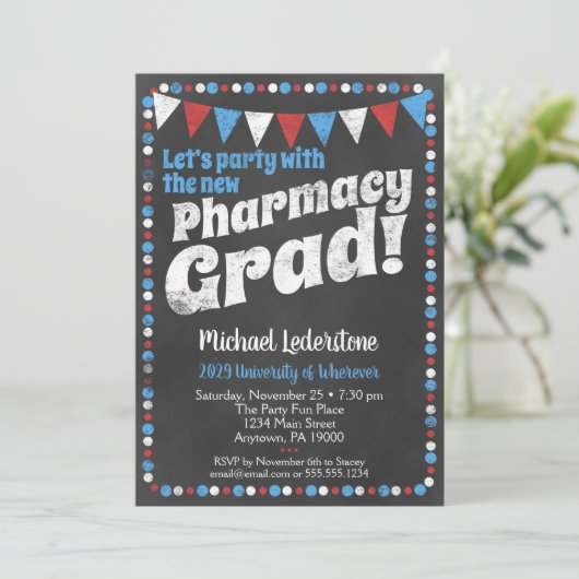 Pharmacy Graduation Party Invitation Red Blue Kaart (Staand voorkant)