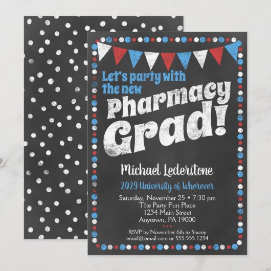 Pharmacy Graduation Party Invitation Red Blue Kaart (Voorkant / Achterkant)
