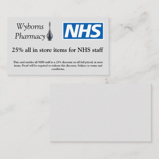 Pharmacy NHS Diskcard Kortingskaartje (Voorkant / Achterkant)
