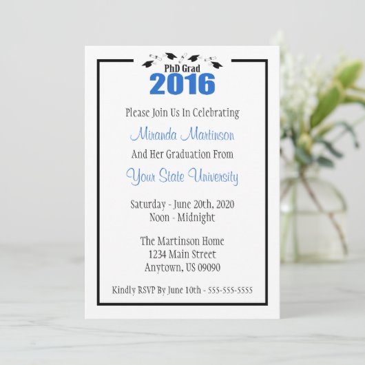 PhD Afstudeerder 2016 Afstuderen Uitnodiging (Blue (Staand voorkant)