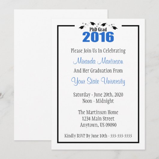 PhD Afstudeerder 2016 Afstuderen Uitnodiging (Blue (Voorkant / Achterkant)