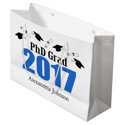 PhD Afstudeerder 2017 Afstuderen Gift Bag (blauw) Groot Cadeauzakje (Voorkant Gekanteld)
