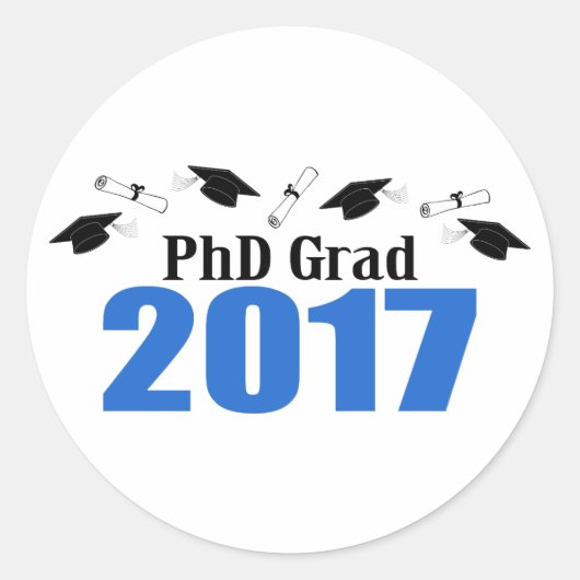 PhD Afstudeerder 2017 Petten en diploma's (blauw) Ronde Sticker (Voorkant)