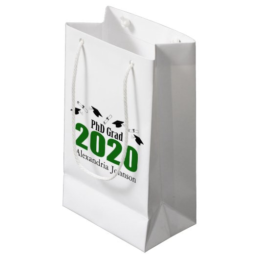 PhD Afstudeerder 2020 Afstuderen Gift Bag (Groen) Klein Cadeauzakje (Voorkant Gekanteld)