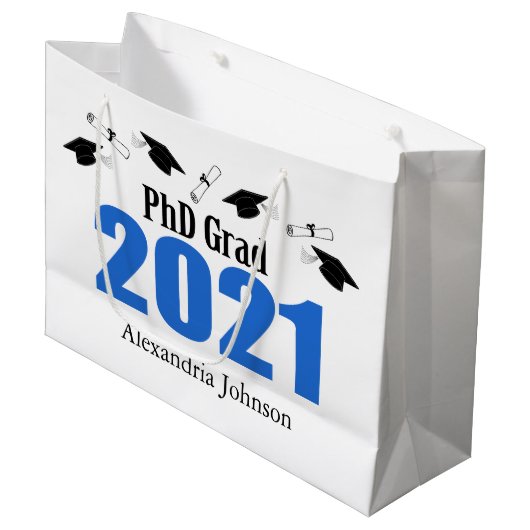 PhD Afstudeerder 2021 Afstuderen Gift Bag (blauw) Groot Cadeauzakje (Voorkant Gekanteld)