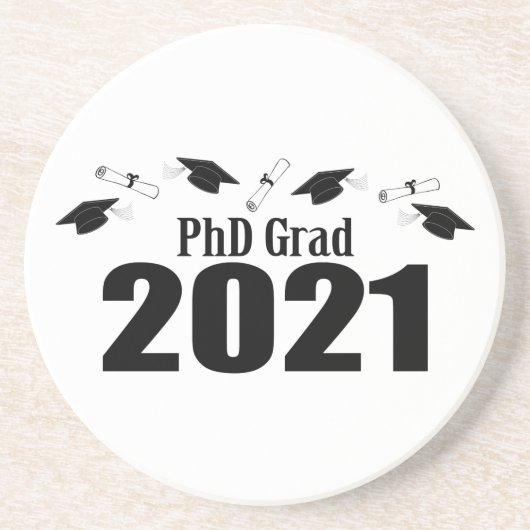 PhD Afstudeerder 2021 Petten en diploma's (zwart) Zandsteen Onderzetter (Voorkant)