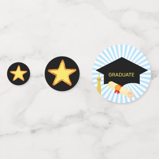 PhD-Afstuderen staat op zwart. Blauw en wit Confetti (Achterkanten)