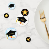 PhD-Afstuderen staat op zwart. Blauw en wit Confetti (Groep)