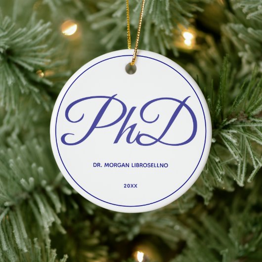 PhD Afstuderen White Blue Name Year Keramisch Ornament (Boom)