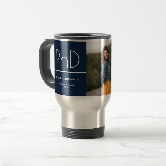 PhD Blue White Afstuderen Foto Reisbeker (Voorkant links)
