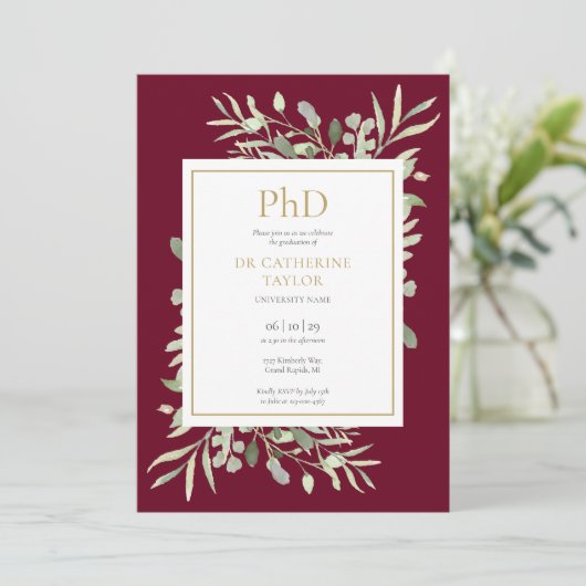 Phd Degree Burgundy Greenery Photo Afstuderen Kaart (Staand voorkant)