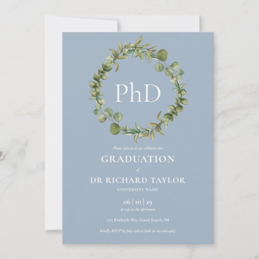 PhD Degree Dusty Blue Garland Afstuderen Kaart (Voorkant)