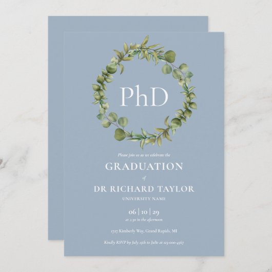 PhD Degree Dusty Blue Garland Afstuderen Kaart (Voorkant / Achterkant)