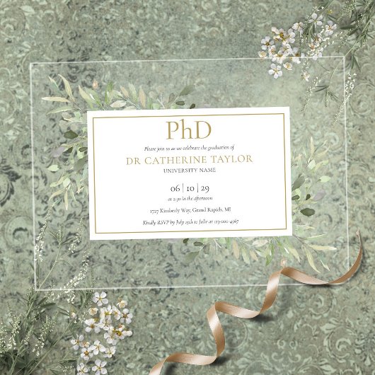 PhD Degree Greenery Floral Gold Afstuderen Acryl Uitnodigingen