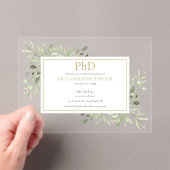 PhD Degree Greenery Floral Gold Afstuderen Acryl Uitnodigingen (Insitu (Draagbaar))