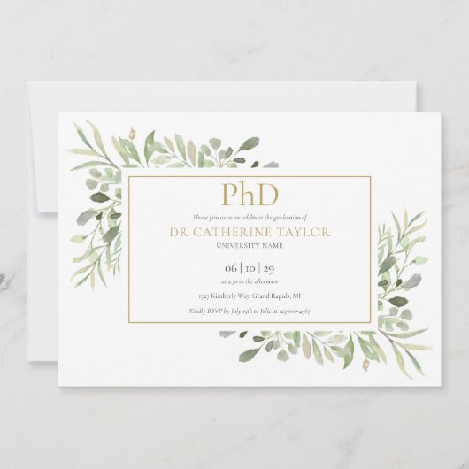 Phd Degree Greenery Foliage Gold Afstuderen Kaart (Voorkant)
