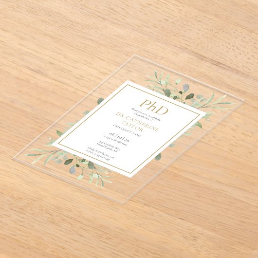 PhD Degree Waterverf Greenery Floral Afstuderen Acryl Uitnodigingen (Laagn)