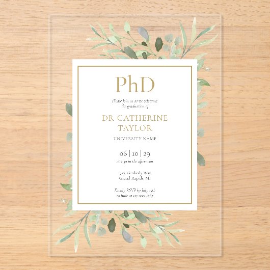 PhD Degree Waterverf Greenery Floral Afstuderen Acryl Uitnodigingen (Voorkant)