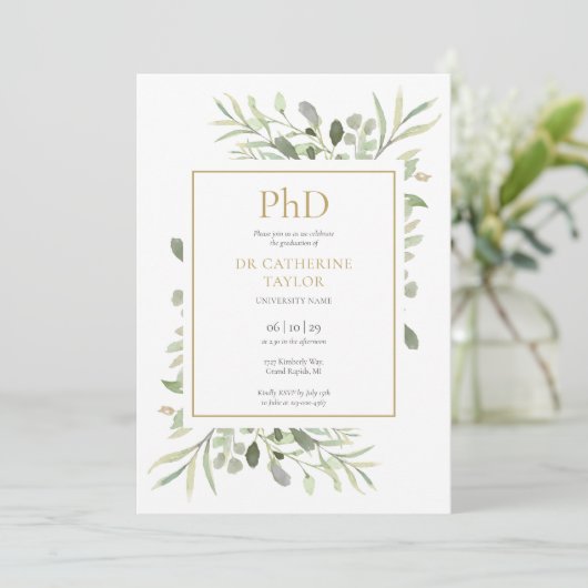Phd Degree Waterverf Greenery Gold Afstuderen Kaart (Staand voorkant)