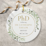 Phd Degree Waterverf Greenery Keepomwille Keramisch Ornament<br><div class="desc">Met delicate waterverf groene bladeren kan dit afstuderen met een cadeaubon voor chic Phd-ornament worden gepersonaliseerd met de naam,  het onderwerp en de datum van het afstuderen van uw afstudeerders. Ontworpen door: Thisnotme©</div>