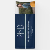PhD graad Blauw Wit Afstuderen Foto's vieren Spandoek (Verticaal)
