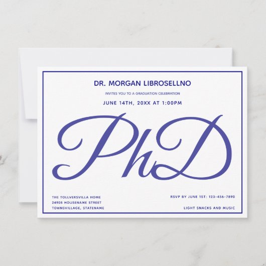 PhD graad Blauw Wit Graduation Party Kaart (Voorkant)
