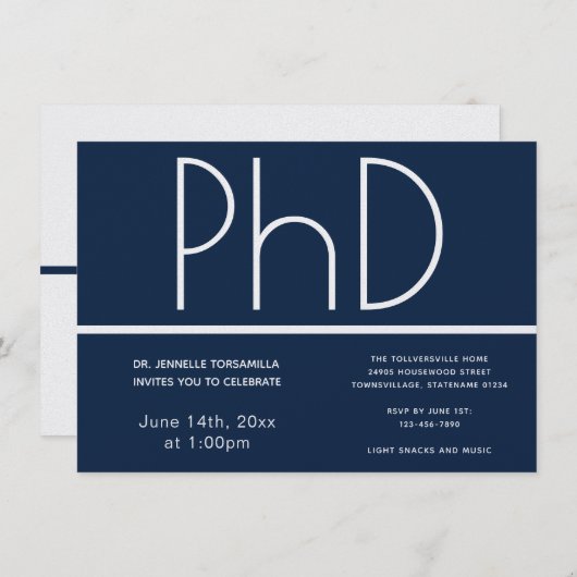 PhD graad Blauwe Witte Graduation Partij Uitnodigi Kaart (Voorkant / Achterkant)