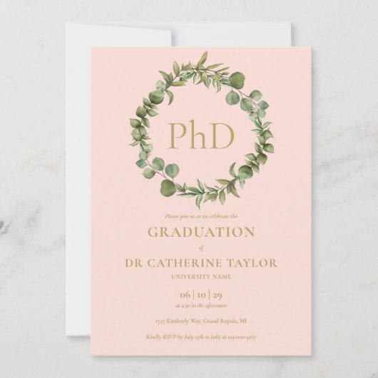 PhD graad Blush Pink Garland Afstuderen Kaart (Voorkant)