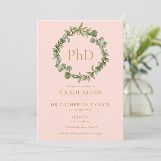 PhD graad Blush Pink Garland Afstuderen Kaart (Staand voorkant)