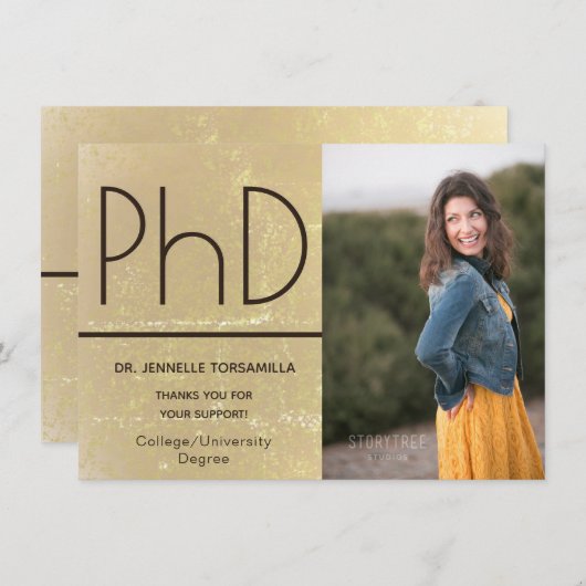 PhD graad Gold Brown Afstuderen Aankondiging (Voorkant / Achterkant)